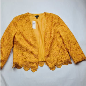 Ann Taylor Blazer Jacket 8 Golden Yellow Crochet Lace Open Front Scalloped Hem